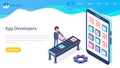 Website for app developers landing page template. Man creating mockup of smartphone interface Royalty Free Stock Photo