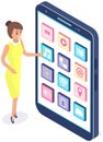 Woman looking at application icons layout on screen. Software development, apps for smartphone Royalty Free Stock Photo