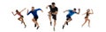 Development of motions of young athletic fit men and women in action isolated over white background. Flyer. Royalty Free Stock Photo