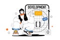 Development outline web modern concept in flat line design. Man creating application ui layout, working with code and Royalty Free Stock Photo