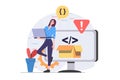 Development and programming concept in modern flat design for web. Woman developer creating software product at laptop