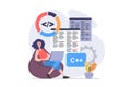 Development and programming concept in modern flat design for web. Woman developer working at laptop and coding on