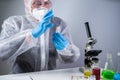 Development and search for drug for coronavirus. Chemist examining ampoule of powdered antibiotic for injection. Treating Royalty Free Stock Photo