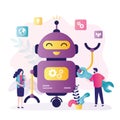 Development team customizes and improves chatbot. Engineer with wrench repairs robot Royalty Free Stock Photo