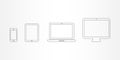 Device icon set: smartphone, tablet, laptop and desktop computer. Black outline. Vector illustration, flat design Royalty Free Stock Photo