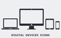 Device icons set: smartphone, tablet, laptop and desktop computer. Vector illustration of responsive web design. Royalty Free Stock Photo