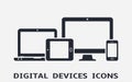 Device icons: smart phone, tablet, laptop and desktop computer. Responsive web design. Royalty Free Stock Photo