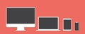 Device icons: smartphone, tablet, laptop and desktop computer. Responsive web design vector illustration on red background Royalty Free Stock Photo