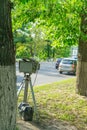 The device for measuring the speed of the car. The police hid behind a tree.