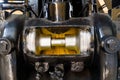 Device piston and spool in steam train, detail of mechanism a vintage russian steam train locomotive Royalty Free Stock Photo