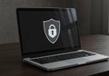 Modern Laptop Displaying Digital Security Shield and Lock Icon Cyber Protection Concept Royalty Free Stock Photo