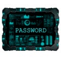 Device screen interface with text password glowing blue lights for login and unlocking advanced futuristic security system