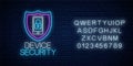 Device secure glowing neon sign with alphabet. Cyber security symbol with shield and mobile device with lock