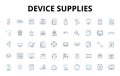 Device supplies linear icons set. Adapters, Batteries, Cables, Chargers, Docks, Earphs, Flashlights vector symbols and