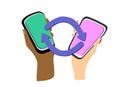 Device-to-Device communication concept. Female and male hands of different colors with smartphones