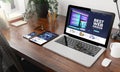 devices best web design on wooden desktop Royalty Free Stock Photo