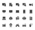 Devices flat glyph icons set. Pc, laptop, computer, smartphone, desktop, office copy machine vector illustrations. Black