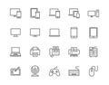 Devices flat line icons set. Pc, laptop, computer, smartphone, desktop, office copy machine vector illustrations