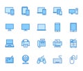 Devices flat line icons set. Pc, laptop, computer, smartphone, desktop, office copy machine vector illustrations