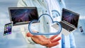 Devices like smartphone, tablet or computer flying over connected cloud - 3d render Royalty Free Stock Photo
