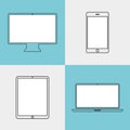 Devices linear icon isolated on white background. Phone social network concept. Flat design, vector. Laptop, tablet computer Royalty Free Stock Photo