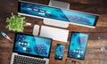 devices top view with covid-19 website Royalty Free Stock Photo