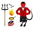 Devil and accessories. Satanic set. Trident and hellfire. Black