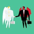 Devil and angel business deal. Satan and God handshake. Archangel and demon businessman