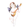 Devil angel mandole playing on mandolin, isolated on white hand painted watercolor