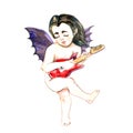 Devil angel with red electric guitar, isolated on white hand painted watercolor