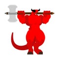 Devil with ax. Strong Angry Asmodeus. Red demon big. Horned Satan. Powerful Beelzebub lord of darkness. hard Lucifer boss hell Royalty Free Stock Photo