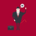 Devil businessman character saying hi with speech bubble. Royalty Free Stock Photo