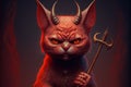 Devil cat at the inferno holding pitchwork. hell in flames illustration generative ai Royalty Free Stock Photo