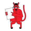 Devil and contract. Scary Mephistopheles offers deal to sign i