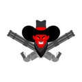 Devil Cowboy face and gun. Crossed Minigun. Wild West Demon gunfighter. Angry Western daemon