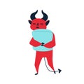 Devil cuddling pillow flat vector illustration. Tiredness and somnolence, loneliness and solitude concept. Red mythical