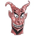 A devil demon cartoon character face with an evil grin. Alien face with goat horn.