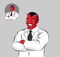Devil doctor. Satan with horns in doctors white coat. Horrible R