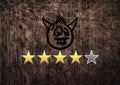 Devil face icon and four stars icons against brown textured background