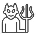 Devil with fork line icon, halloween concept, demon with trident sign on white background, smiling satan icon in outline