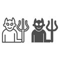 Devil with fork line and solid icon, halloween concept, demon with trident sign on white background, smiling satan icon