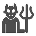 Devil with fork solid icon, halloween concept, demon with trident sign on white background, smiling satan icon in glyph