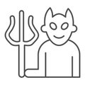 Devil with fork thin line icon, halloween concept, demon with trident sign on white background, smiling satan icon in