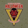 Devil head vector colored halloween emblem, badge, label or logo in cartoon style illustration