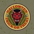 Devil head vector round colored emblem, badge, label or logo in cartoon style illustration