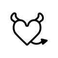 Devil heart with horns and tail. Heart vector icon. Black and white love illustration. Outline linear icon of heart. Royalty Free Stock Photo