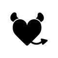 Devil heart with horns and tail. Heart vector icon. Black and white love illustration. Solid linear icon of heart. Royalty Free Stock Photo