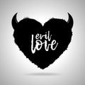 Devil heart logo. black silhouette of a heart with evil horns and the inscription EVIL LOVE.