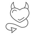 Devil heart thin line icon, valentine day concept, heart with horns and tail sign on white background, demon heart icon Royalty Free Stock Photo