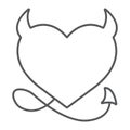 Devil Heart Valentine thin line icon, love and holiday, devil heart sign, vector graphics, a linear pattern on a white Royalty Free Stock Photo